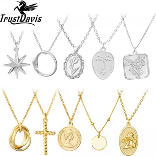 TrustDavis Real 925 Sterling Silver Fashion Cross ellipse Round Flower Pendant Necklace For Women Wedding Fine Jewelry DA2389