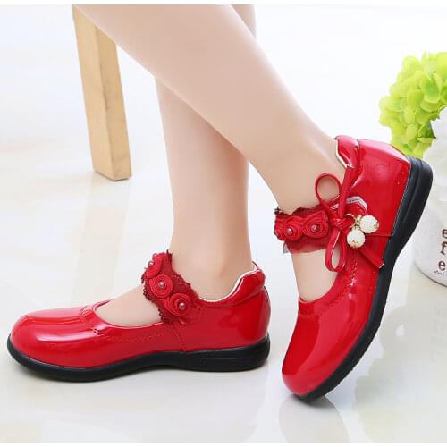 Size 26-37 Toddler Girl Patent Leather Shoes Spring Autumn Black/red/pink Soft Flat Bottom Flowers Rhinestone Princess Shoes