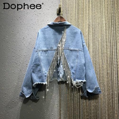 Heavy Tassel Diamond Back Slit Denim Jacket for Women 2021 Spring New Openwork Loose Short Coats Female Jeans Jacket Outwear Top