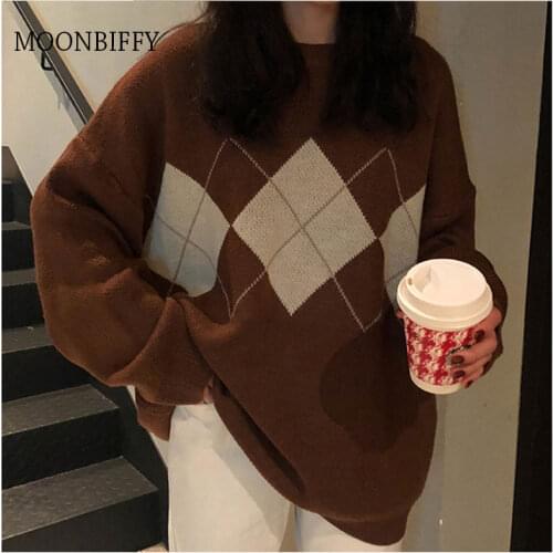 Spring Oversized Korean Pullovers Tops Autumn Winter Geometric Pattern Argyle Loose O-Neck Knitted Sweaters Woman Jumper Mujer