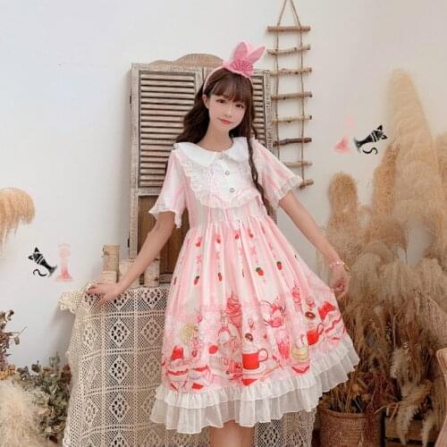 Japanese Lolita Short-Sleeved High-Waist Ruffles Womens Summer fairy dress tea party lolita dress sweet lolita doll