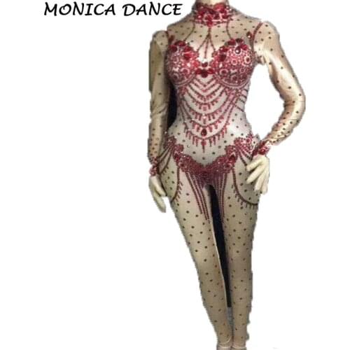 Womens Birthday Dance Party Prom Sexy Bodysuit Black Red Sparkly Rhinestones Dj Jumpsuit Nightclub Female Singer Stage Rompers