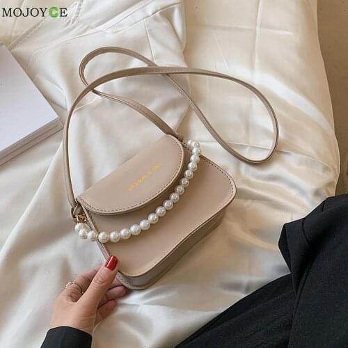 Retro Women Bags Solid Color PU Leather Semicircle Pearl Mini Shoulder Crossbody Vintage Ladies Small Messenger Handbag Purse
