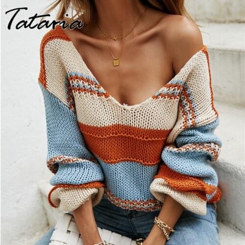 V Neck Oversized Striped Sweaters for Women Fashion 2021 Autumn Loose Patchwork Pullover Woman Jumper Blue Warm Knitted Sweater