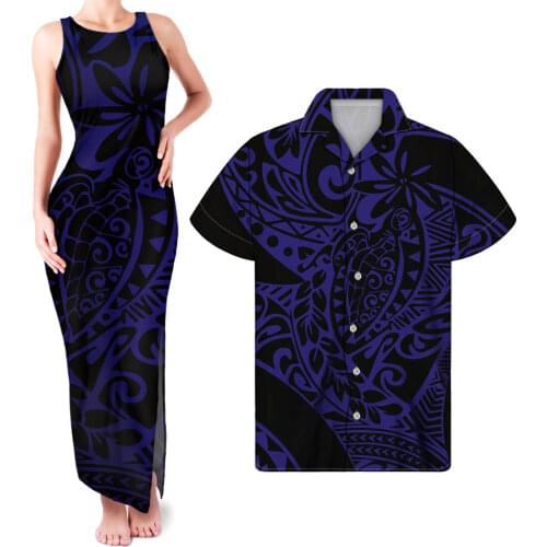 HYCOOL Polynesian Hibiscus Print Navy Womens Sleeveless Dresses Wholesale Women Bodycon Maxi Vestido Wedding Party Couple Wear