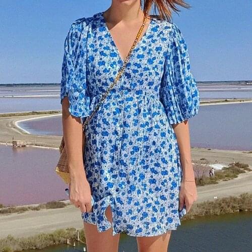 Floral Print Dress Women V Neck Pleated Sleeve Sexy High Waist Elegant Blue Mini Dress Flower Robe 2021 Casual Chic Retro Robes