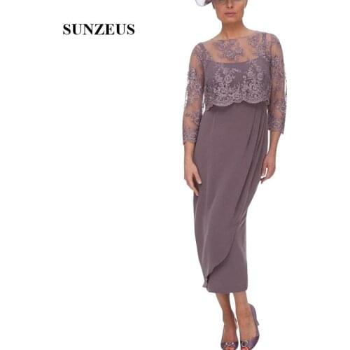 Spaghetti Straps Mother Of The Bride Dress With Appliques Jacket Straight Tea Length Chiffon Women Party Gowns