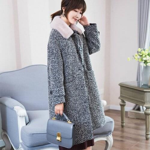Real Coat Female 2020 Tweed Wool Coats Natural Lamb Liner Long Warm Winter Jacket Women Mink Fur Collar 18068