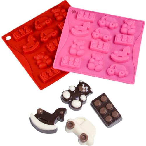 1pc Silicone Chocolate Mold DIY 12 Cavity Rocking Horses Bear Toy Car Trojan Handmade Soap Ice Cake Decorating Tools