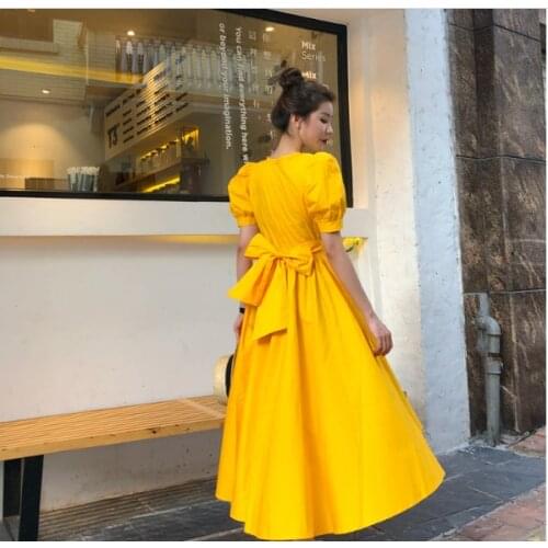 2021 Elegant big bow women party dress Fashion solid short sleeve long maxi party dress for woman Korean boho female clothing