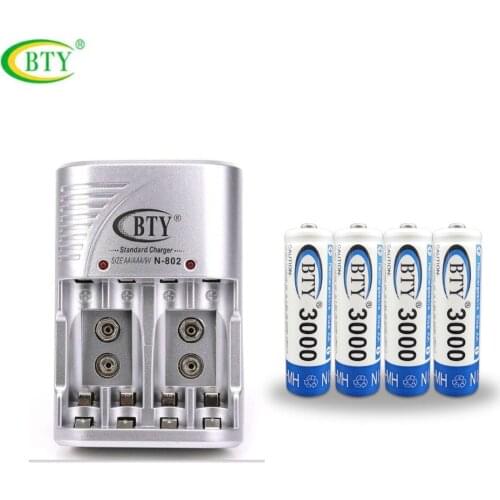 BTY N-802 Smart AA AAA EU Battery Charger With BTY 4/8/12PCS AA 1.2V 3000mah Rechargeable Ni-MH Battery