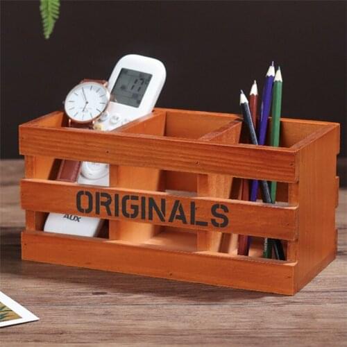 Retro Wood Three Grids Hollow Pen Holder Furniture Living Room Office Desktop Multifunctional Wooden Sundries Storage Box Decor