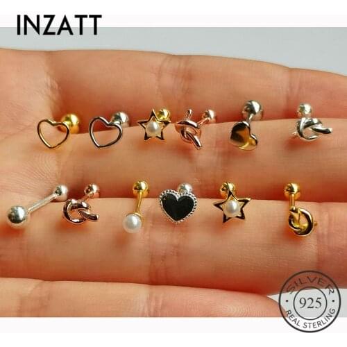 INZATT Real 925 Sterling Silver Zircon Moon Heart Bead Stud Earrings For Fashion Women Party Pearl Fine Jewelry Cute Accessories