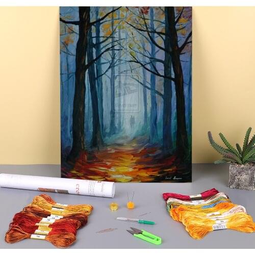 Oil Painting Style Forest Printed Water-Soluble Canvas 11CT Cross-Stitch Embroidery Kit DMC Threads Handicraft work Decor