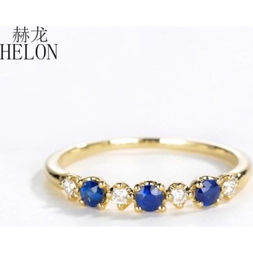 HELON Natural Sapphire Ring Solid 14K Y/W Gold Certified Round SI/H Real Diamond Engagement Anniversary Trendy Fine Jewelry Ring