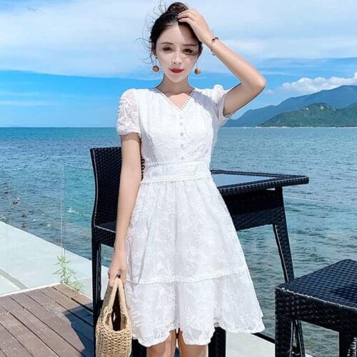 Summer Rabbit Fur Womens Dress V-Neck Short Sleeve Pullover White Solid Lace Hollow Out Korean Style Fashion Casual Dress