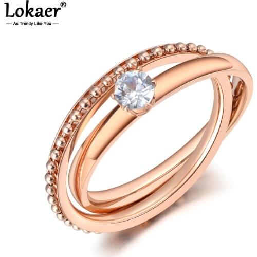 Lokaer Original Design 2 In 1 Cubic Zirconia Rings Jewelry Titanium Stainless Steel Wedding Engagement Ring For Women R19110