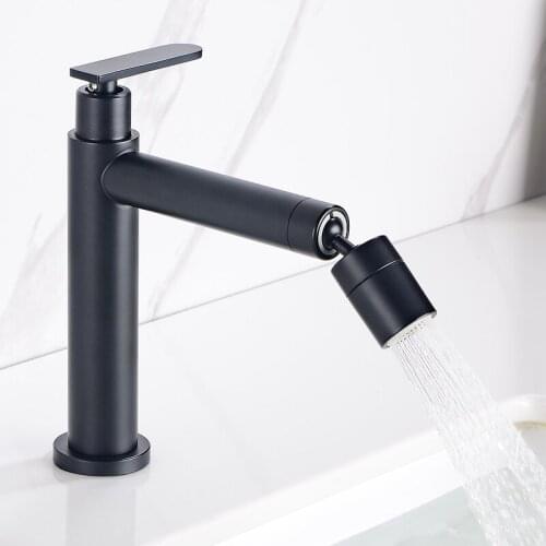 Matte Black Basin Faucet Stainless Steel Deck Mounted Bathroom Single Handle Cold Taps Free Rotate Mouth Spray