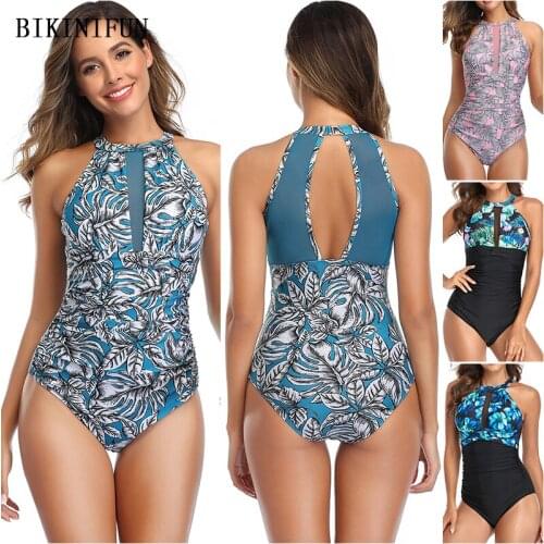 2020 New Leaves Print Swimsuit Women High Neck Monokini Mesh Patchwork Swimwear S-2XL Girl Backless Beachwear One Piece Suit