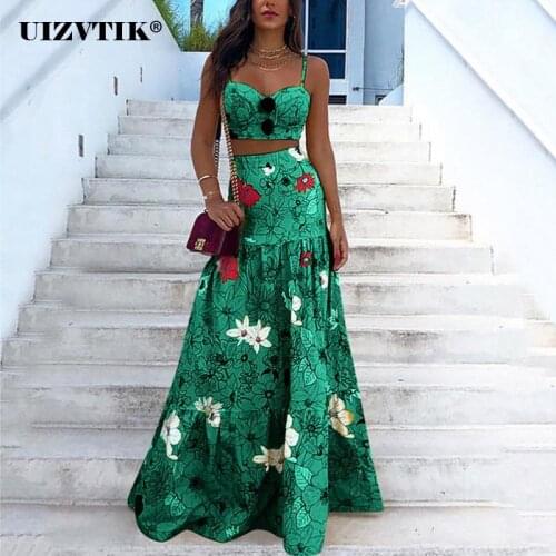 Sexy Backless Camisole Ball Gown Maxi Skirt Two Pieces Set Women Floral Print Crop Tops Skirt 2 Pieces Set Boho Beach Outfit
