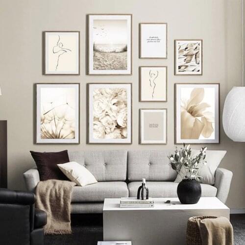 Beach Sunset Dandelion Grass Landscape poster Nordic Print Scandinavian Decoration Painting Photography Cream Color Picture