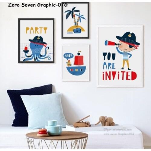 Simple And Lovely Cartoon Pirate Party A4 Canvas Painting Art Print Picture Poster Wall Childrens Room Bedroom Home Decor Mural
