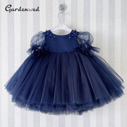 Simple Puffy Layer Flower Girl Dresses Illusion Long Sleeves First Communion Dresses Tulle Ruffles Ball Gown Birthday Dress