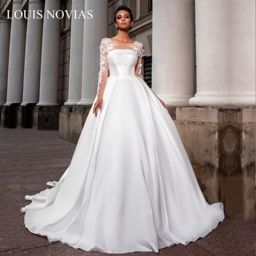 Louis Novias Sexy Satin Lvoli A-Line Dream Embroidery Long Sleeve Off Back Princess Wedding Dress Vestido De Noiva