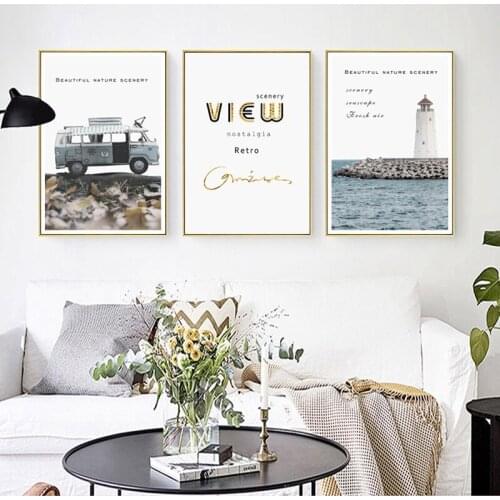 Nordic Landscape Lighthouse Car Plant Tree Sunlight Sky Canvas Painting Wall Picture Printing Poster Living Room Home Decoration