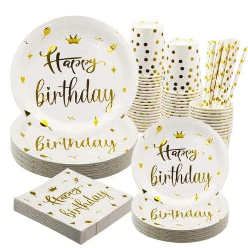 Stamping Gold Birthday White Crown Disposable Tableware Happy Birthday Plates Napkins Happy Birthday Party Decor For Adults Kids