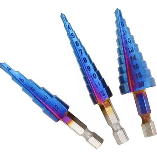 3Pcs/Set Blue Nano Coated Step Drill High Speed Steel Spiral Metal Cone Hex Shank Hole Cutter Drill Auger Pagoda Drill