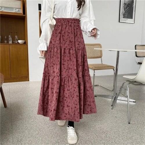 Vintage Corduroy Flower Print Pleated Skirt Women Sweet Cute Girls Long Skirt Korean Harajuku Kawaii Autumn Winter Warm Skirts