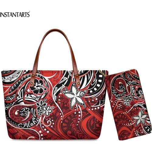 INSTANTARTS Hawaiian Red Tribal ALOHA Print Women Large Handbag Fashionable Customized Shoulder Bag Set with Wallet Tote Bolsa