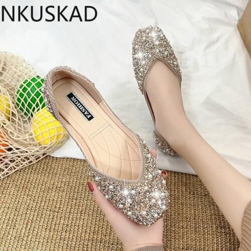 Glitter crystal pearl studs ballet shoes women square toe slip on loafers cozy shallow cut-out ballerina flats moccasins female