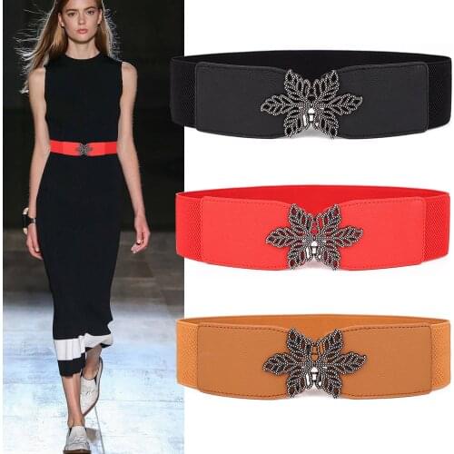 Elastic Belts Women Girl Stretch Waistbands black Flower Leaf Shape buckle Wedding Metal Female cummerbund cinturones para mujer