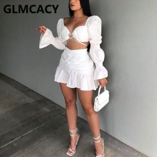 Women Sweet Two Piece Dress Suits Puff Sleeve Crop Top & Mini Skirt Set