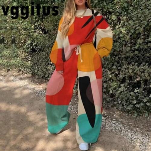 2021 New Autumn Womens Clothing 2-pcs Sets Long Sleeves Print Loose Style Sweatershit +Full Length Pants Matching Suit E1811