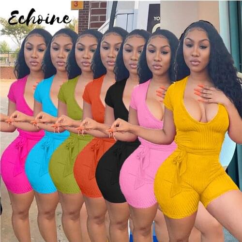 Women Summer Solid V-Neck Playsuit Jumpsuit Sexy Black V Neck Short Sleeve Knit Playsuit with Belt Plus Size 3XL Casual Outfits