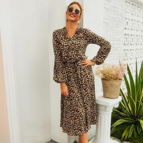 NEEDBO Women Dress Casual Elegant Leopard Vestidos Ladies Beach Sexy Dresses Long Sleeve A-line Party Dress Summer autumn Dress