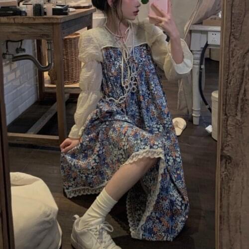 Autumn Sweet Elegant Floral Dress Women Korean Fashion Vintage Evening Party Midi Dresses Print Sexy Retro Suspender Dress 2021