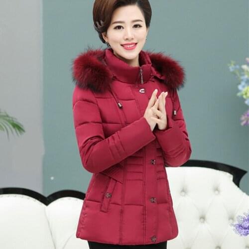 Middle-aged Womens Down Cotton Coat Simple Hooded Mother Padded Clothing Solid Color 2020 Winter New Padded Coat Female Q333