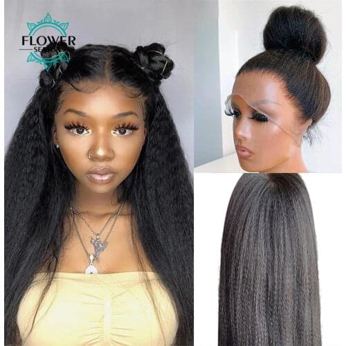Silk Top Lace Front Wig Wigs 5x5 Yaki Straight Human Hair Wig PrePlucked Remy Peruvian Scalp Base Wigs for women130% FlowerSeaso