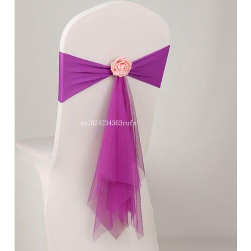 50pcs Organza Chair Sash Spandex Sashes With Rose Ball Artifical Flower Wedding Lycra Bow Tie Band Decoration