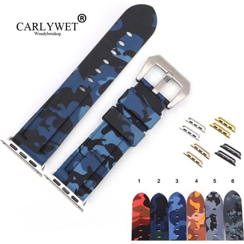 CARLYWET 38 40 42 44mm Camo Blue Black Waterproof Silicone Rubber Replacement Wrist Watch Band Loops For Iwatch Series 4/3/2/1