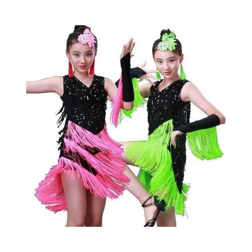 Child kid children professional latin dance dress for girls ballroom dancing dresses for kids red sequin fringe salsa tassel