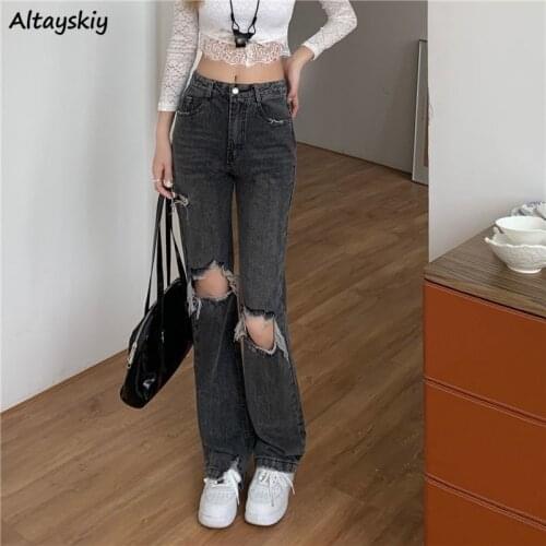 Jeans Women Hole Design Cool Students Straight High Waist Pockets Denim Washed Casual Streetwear All-match Harajuku Chic Trouser