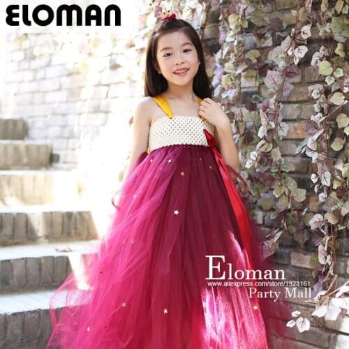 Eloman DIY handmade winered with stars tutu dress for girl birthday party flower girls tutu dresses for wedding and event