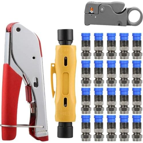 Coax Cable Crimper Coaxial Rg6 Compression Tool Kit with 20Pcs F Rg6 Rg59 Connectors Ended Coax Stripper for Rg7/11 Rg59