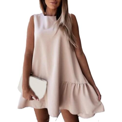 Summer Dress Ruffle Solid Color Women Round Neck Large Hem Skirt 2021 Ladies Beach High Waist Loose Mini Sweet Dresses Plus Size