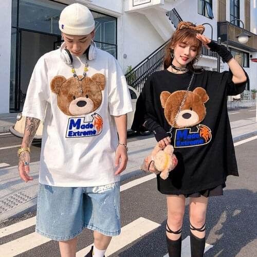 Lovers wear summer ins tide brand bear embroidery short-sleeved T-shirt men and women plus size half-sleeved clothes streetwear
